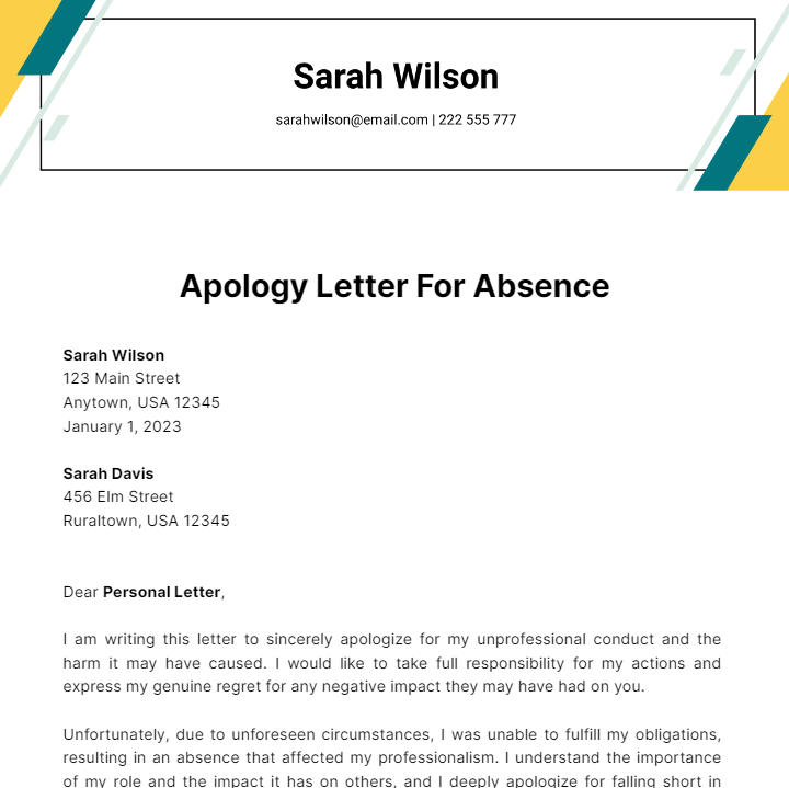 Apology Letter For Absence Template