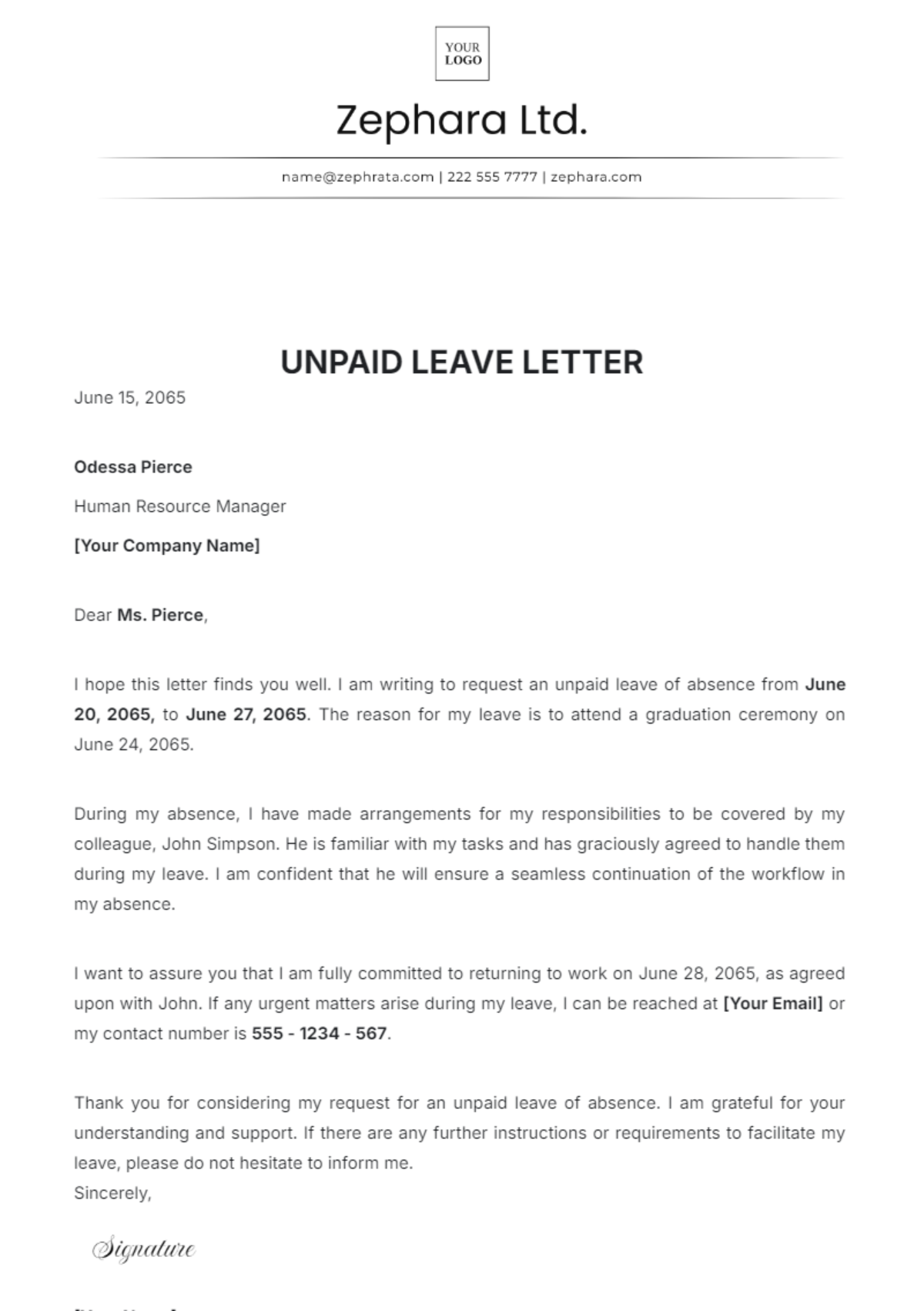 Unpaid Leave Letter Template - Edit Online & Download