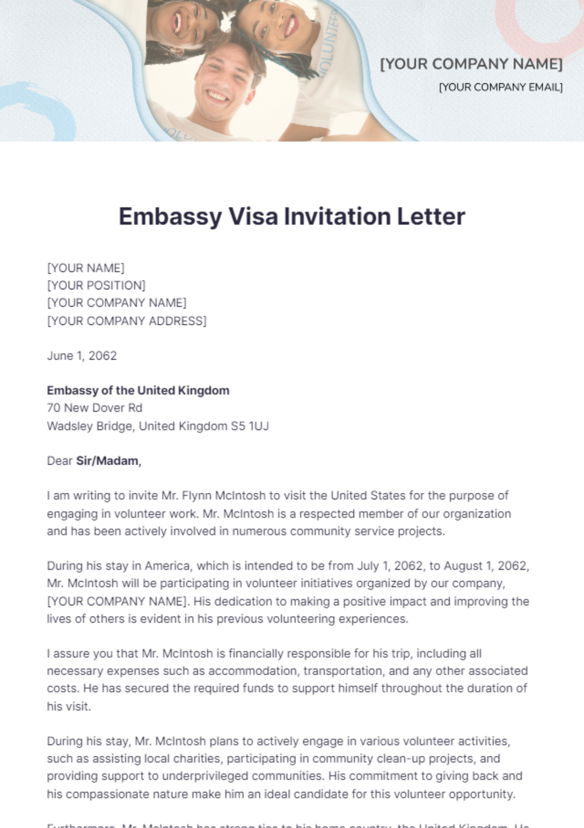 Embassy Visa Invitation Letter Template