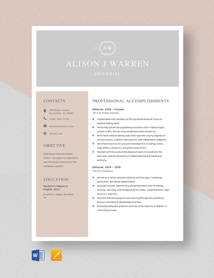 Editorial Resume Template - Word, Apple Pages