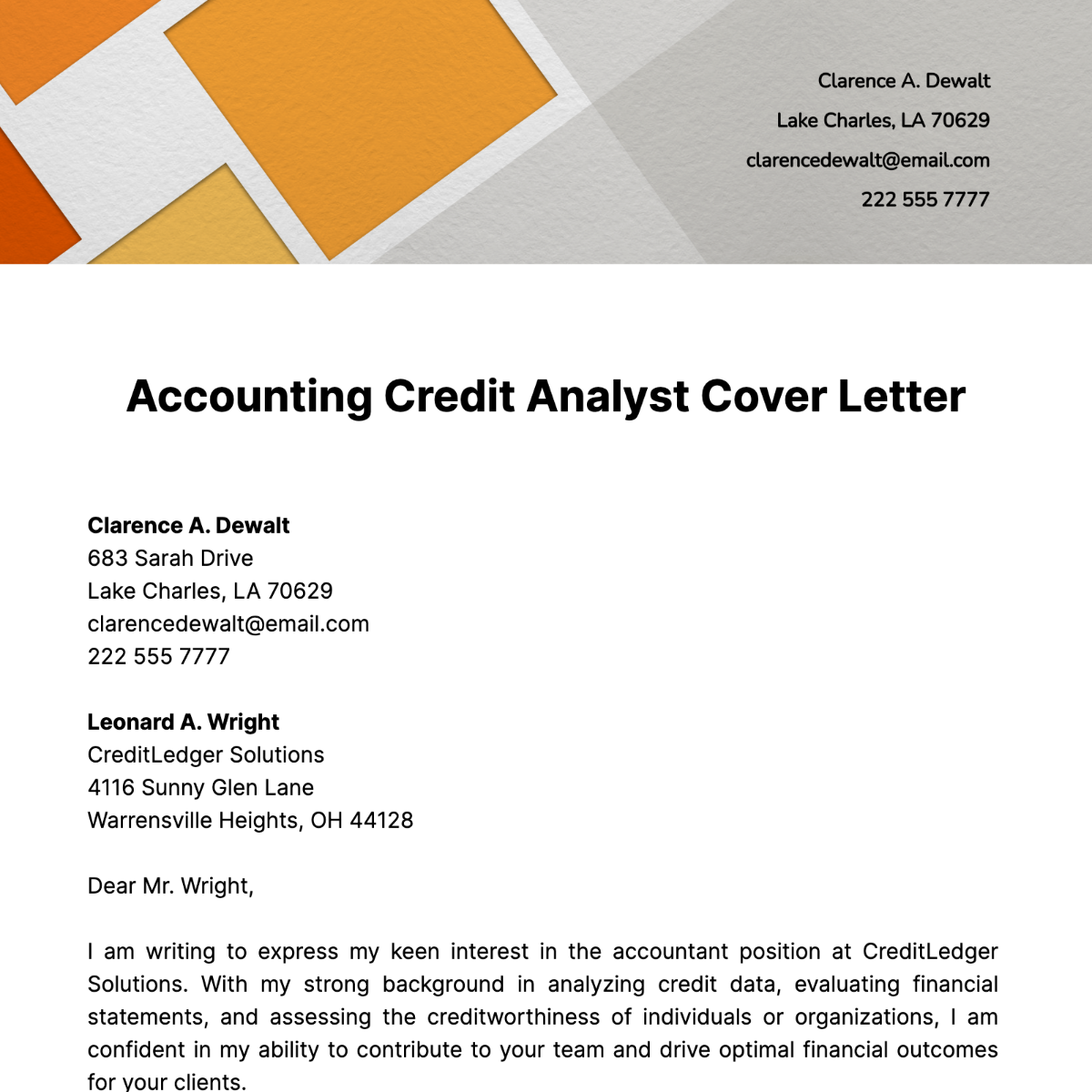 Accounting Credit Analyst Cover Letter Template