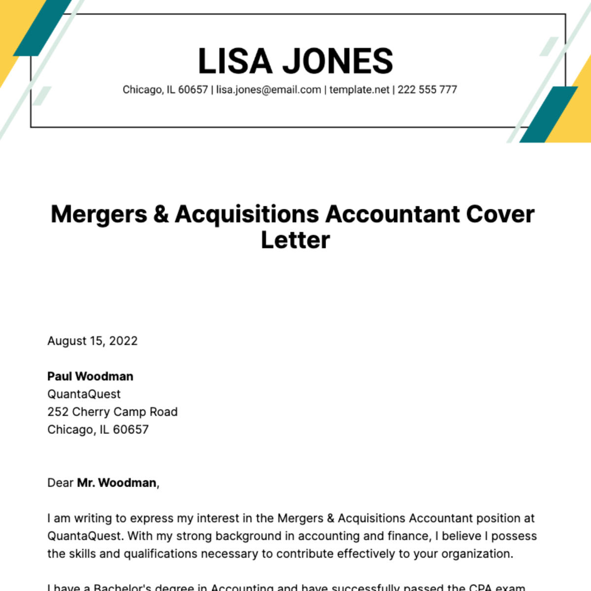 Mergers & Acquisitions Accountant Cover Letter Template