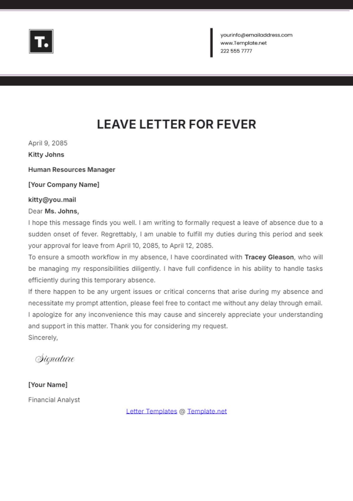 Leave Letter for Fever Template - Edit Online & Download