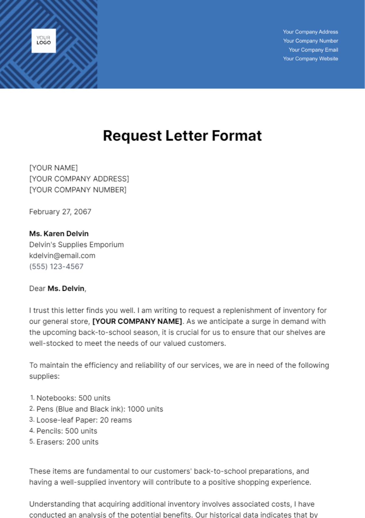 Free Request Letter Format  Template