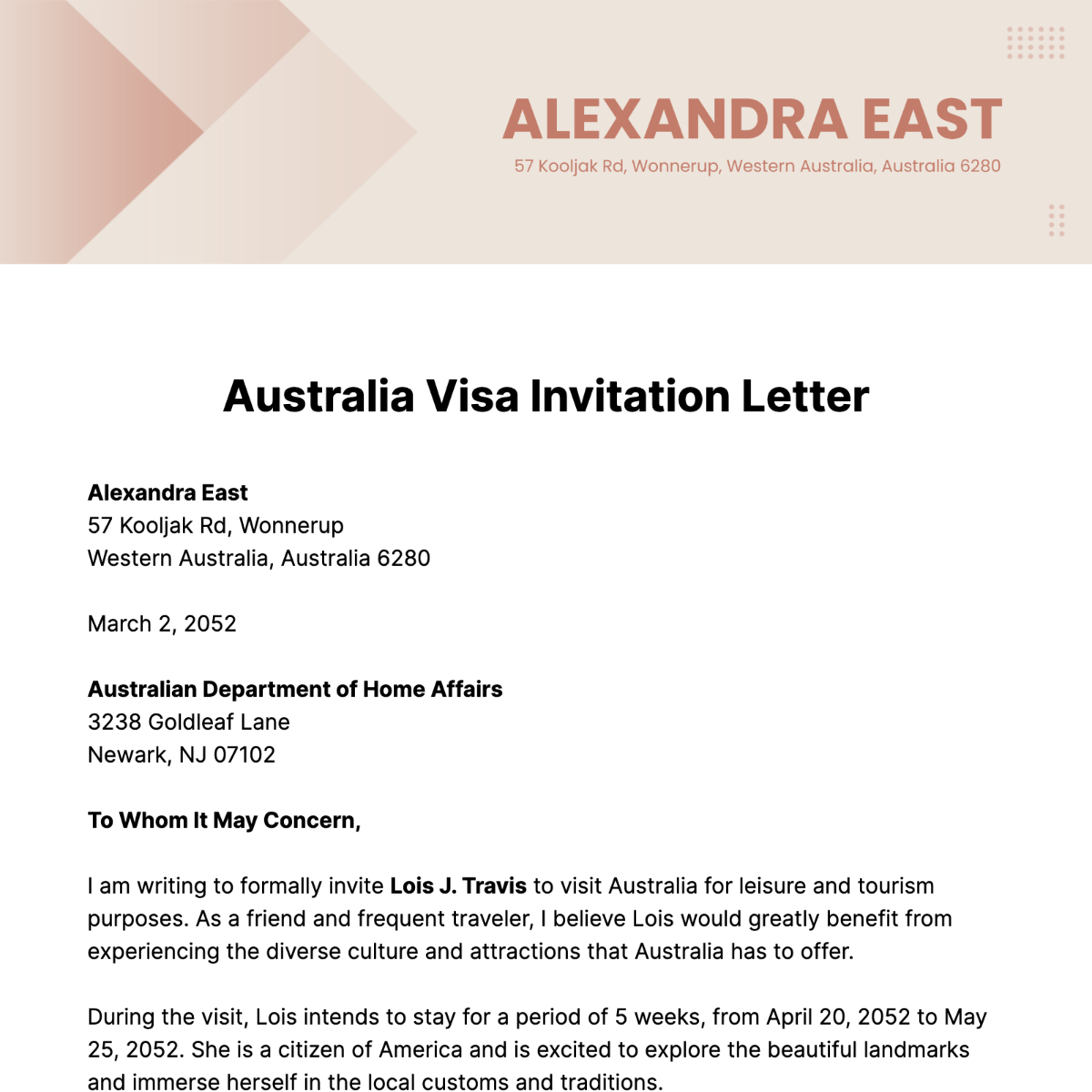 Australia Visa Invitation Letter Template