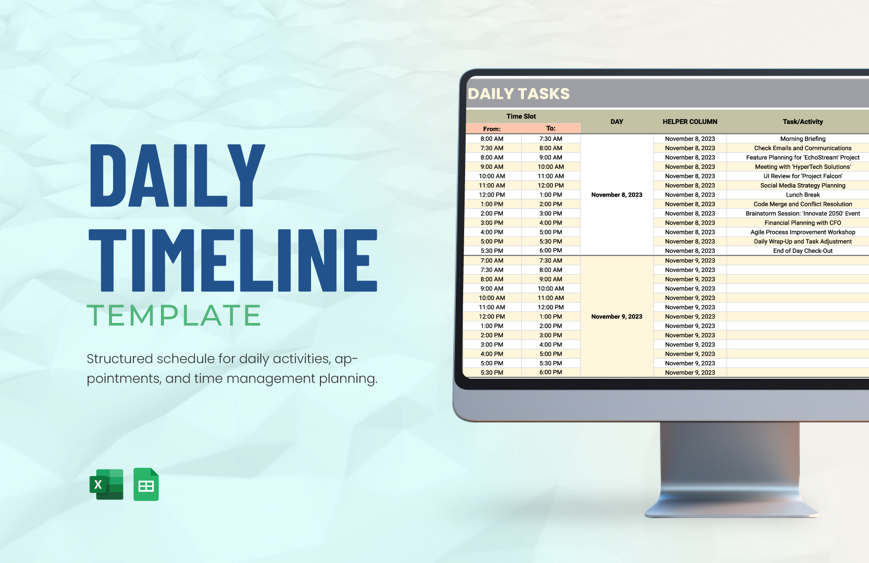 Free Daily Timeline Template in Excel, Google Sheets