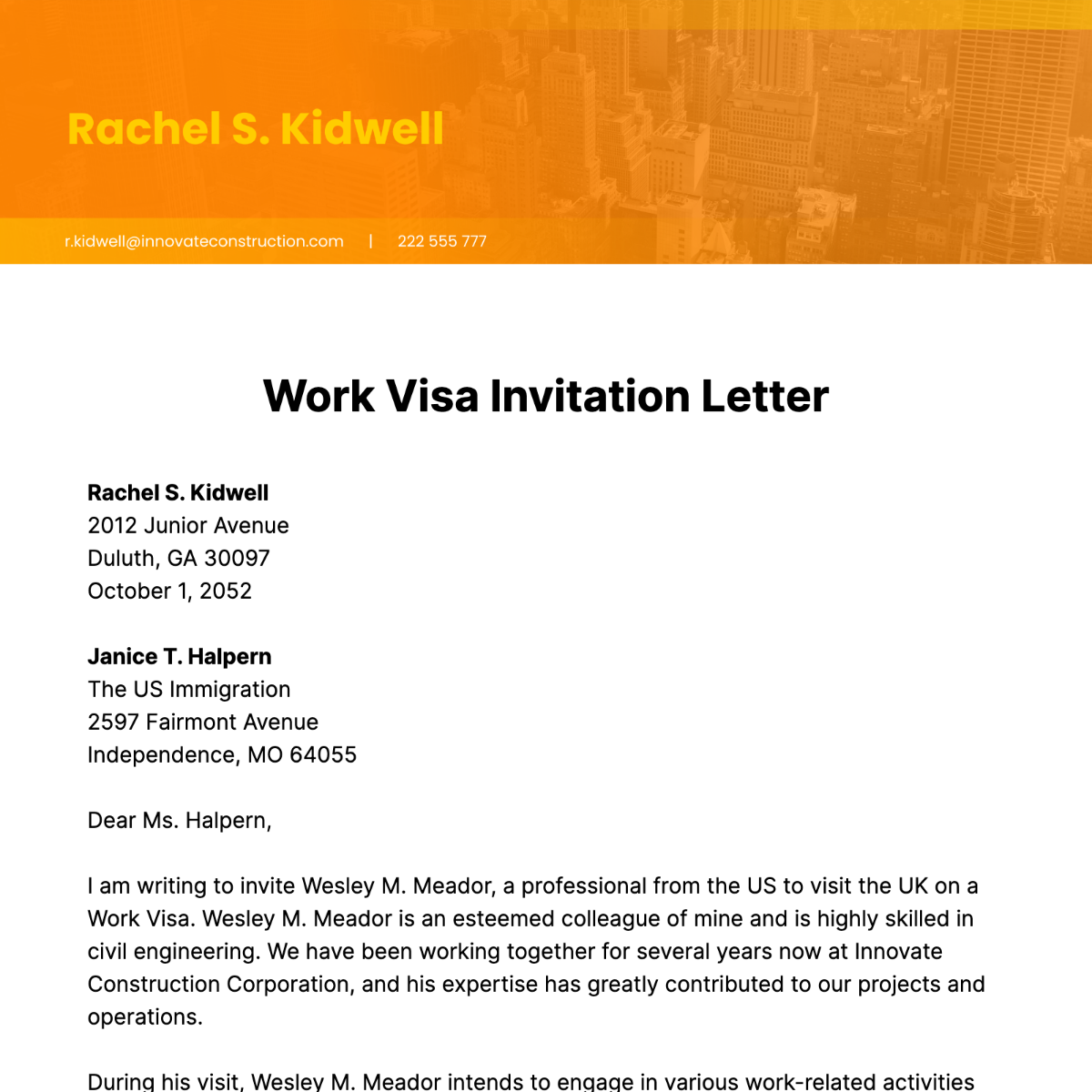 Work Visa Invitation Letter Template