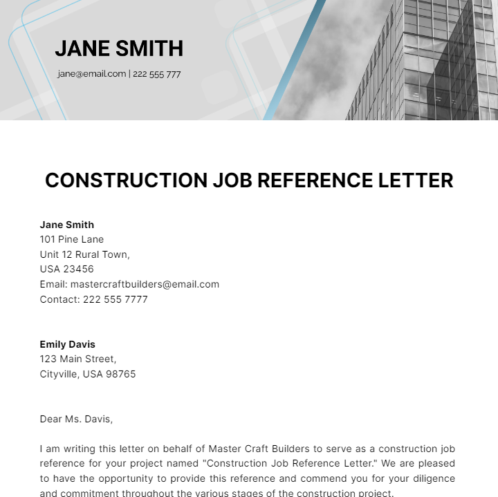 Construction Job Reference Letter Template