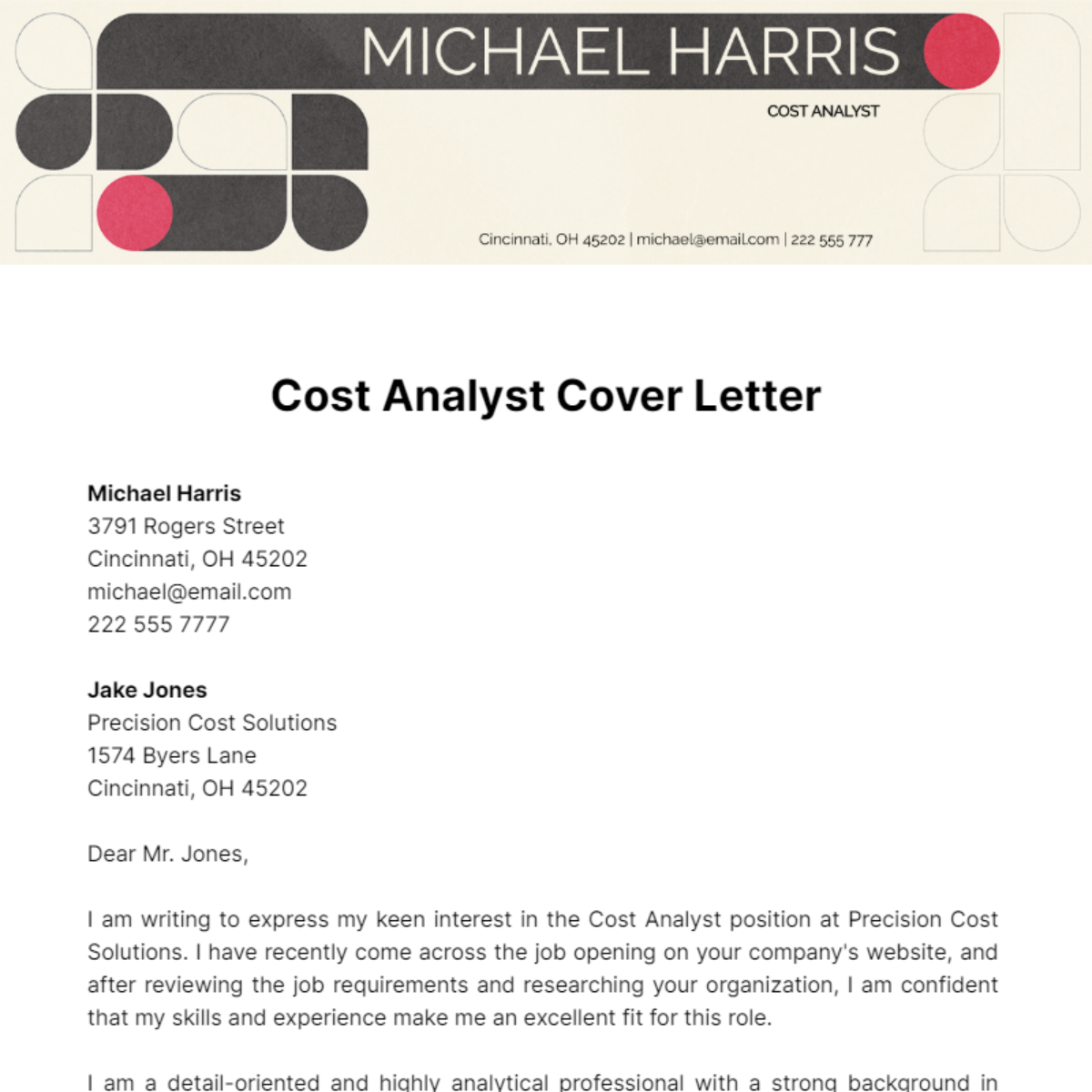 Cost Analyst Cover Letter Template