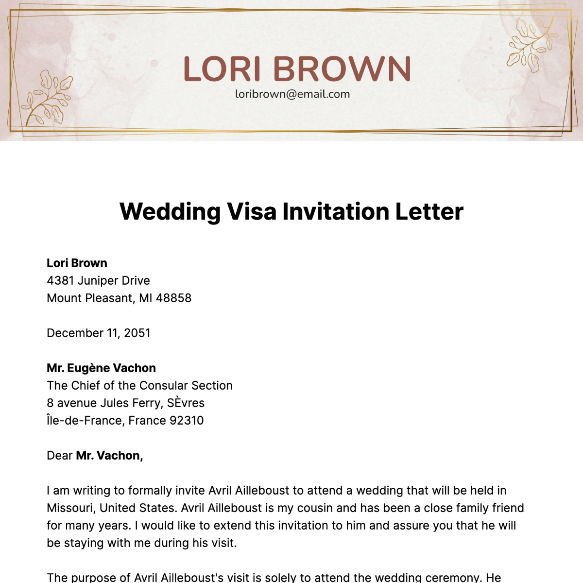 Wedding Visa Invitation Letter Template