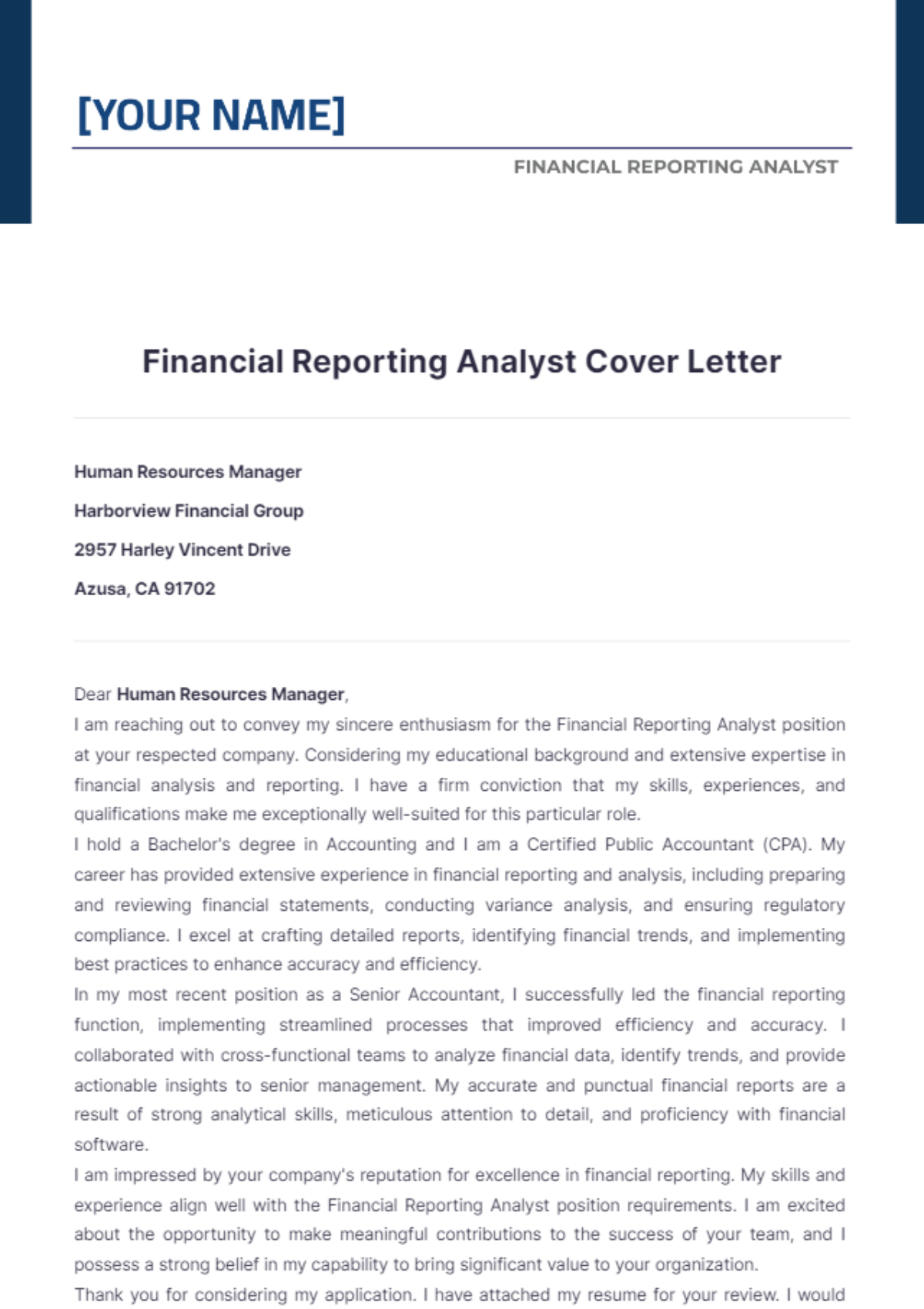 Financial Reporting Analyst Cover Letter - Edit Online & Download