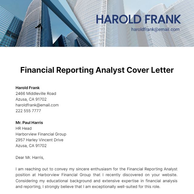 Financial Reporting Analyst Cover Letter Template