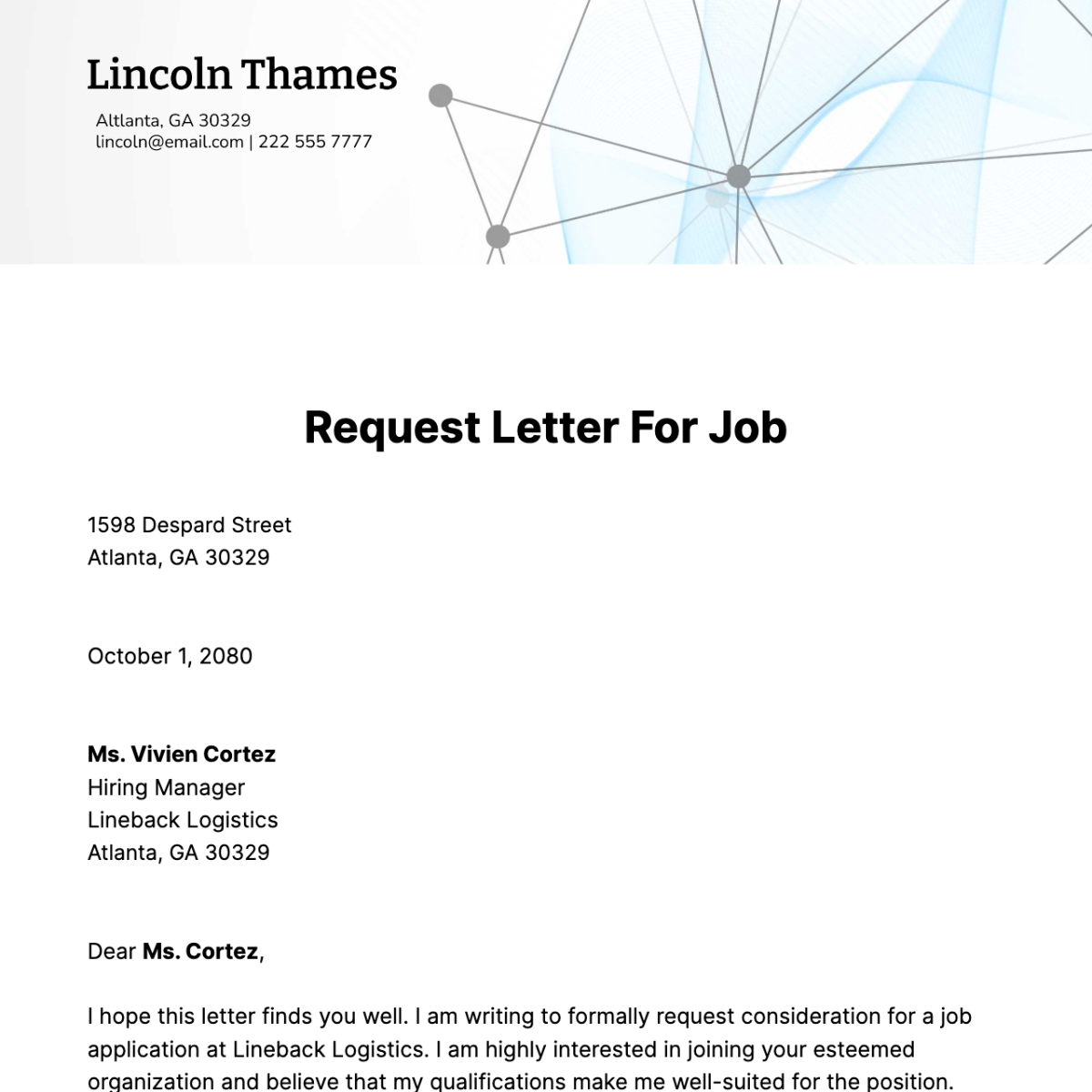 Request Letter for Job  Template