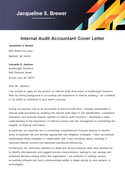 Free Internal Audit Accountant Cover Letter Template to Edit Online