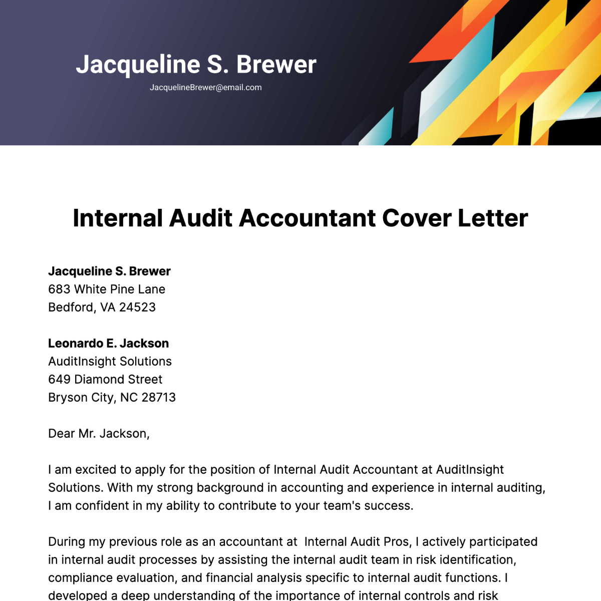 Internal Audit Accountant Cover Letter Template