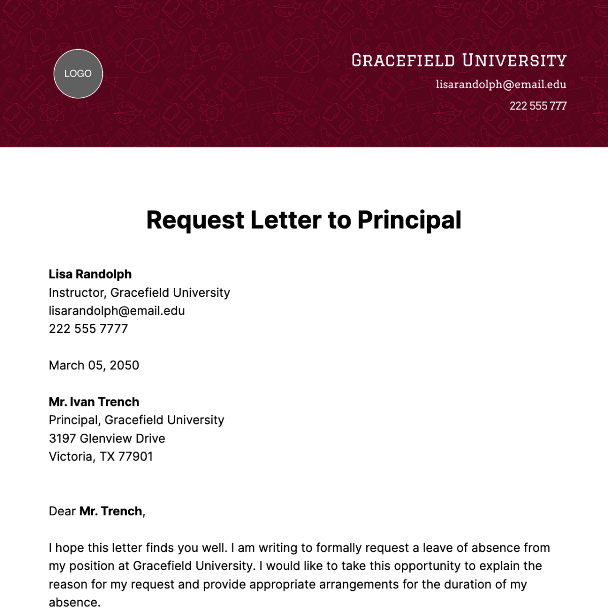 Request Letter to Principal  Template