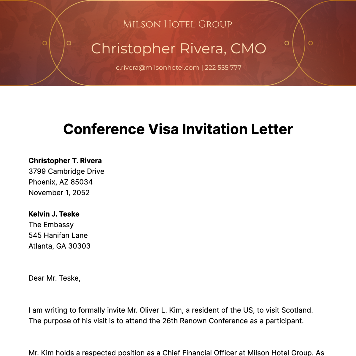 Conference Visa Invitation Letter Template