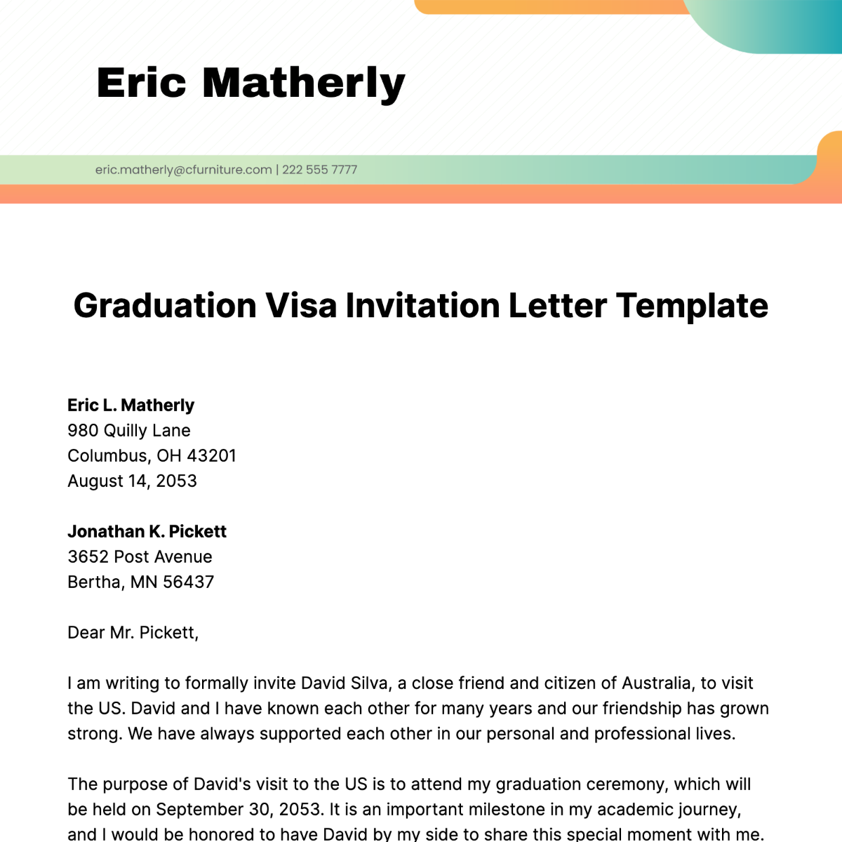 Graduation Visa Invitation Letter Template