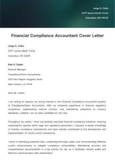 Free Financial Compliance Accountant Cover Letter Template to Edit Online