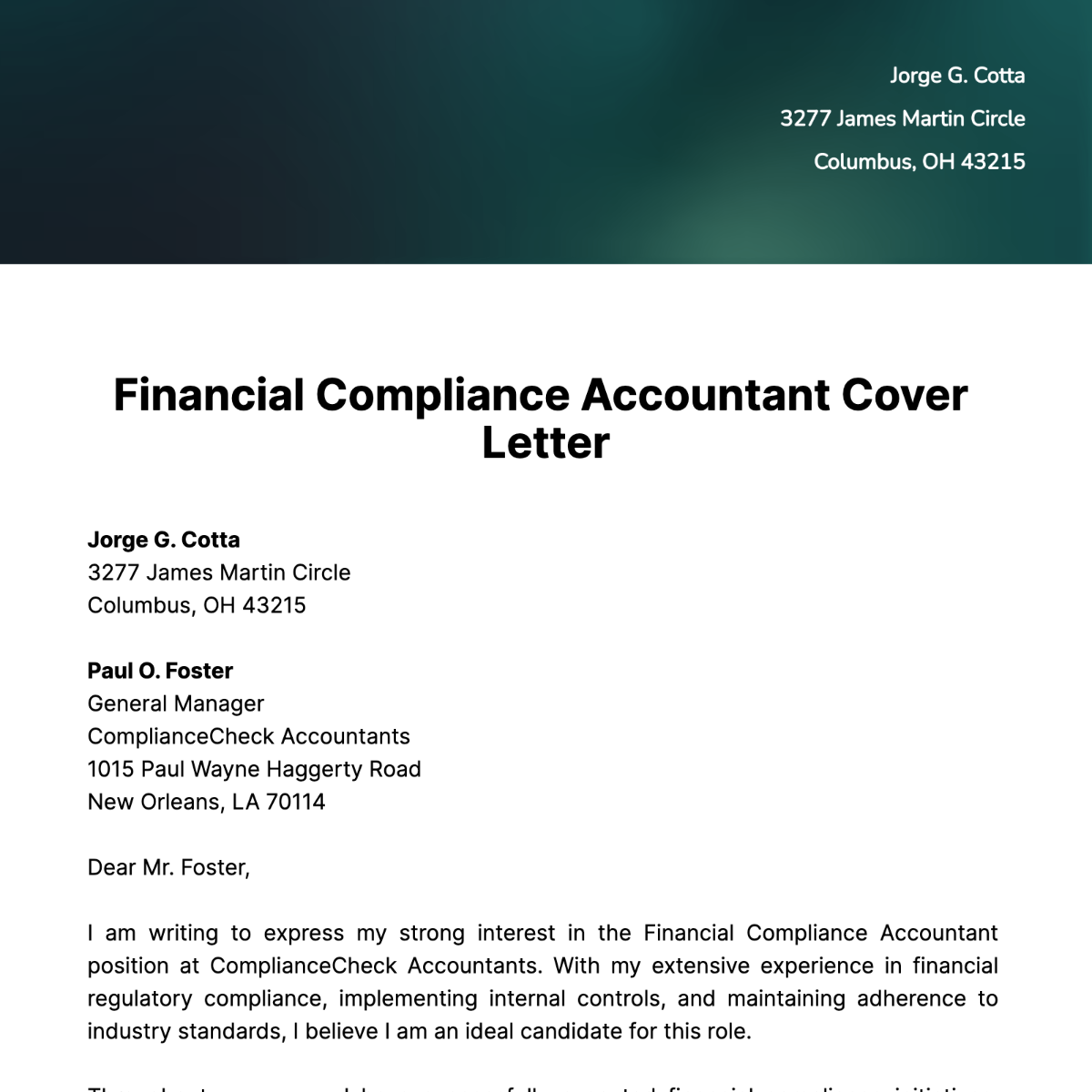 Financial Compliance Accountant Cover Letter Template