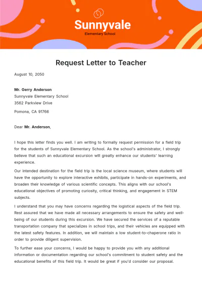 Free Request Letter to Teacher  Template to Edit Online