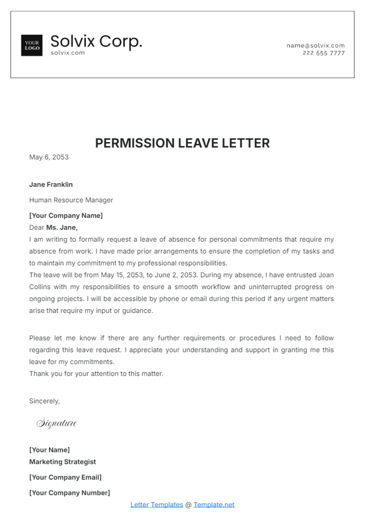 Permission Leave Letter Template - Edit Online & Download