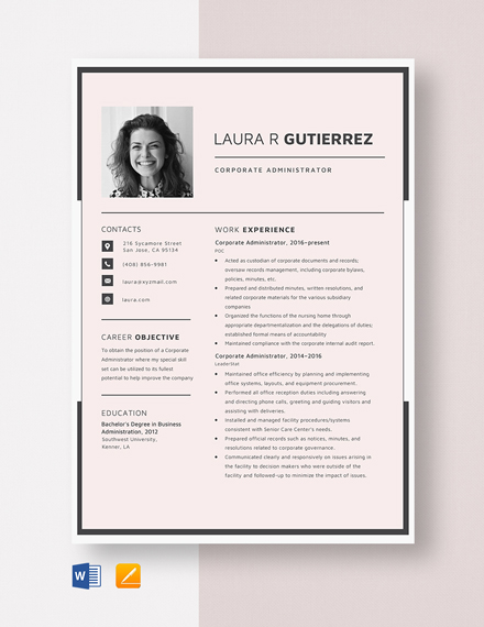 Corporate Administrator Resume Template - Word, Apple Pages