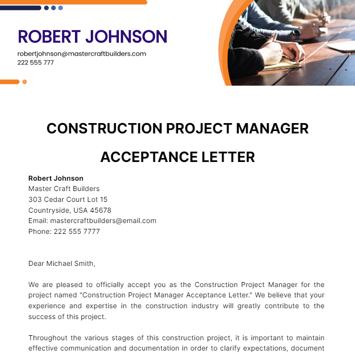 Construction Project Manager Acceptance Letter Template