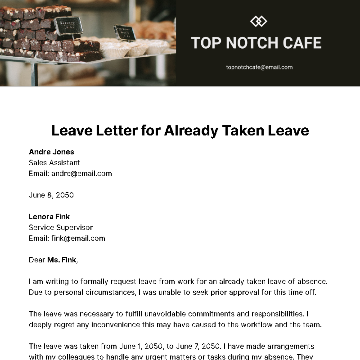 Leave Letter for Already Taken Leave Template