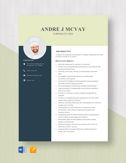 Corporate Chef Resume Template - Word, Apple Pages