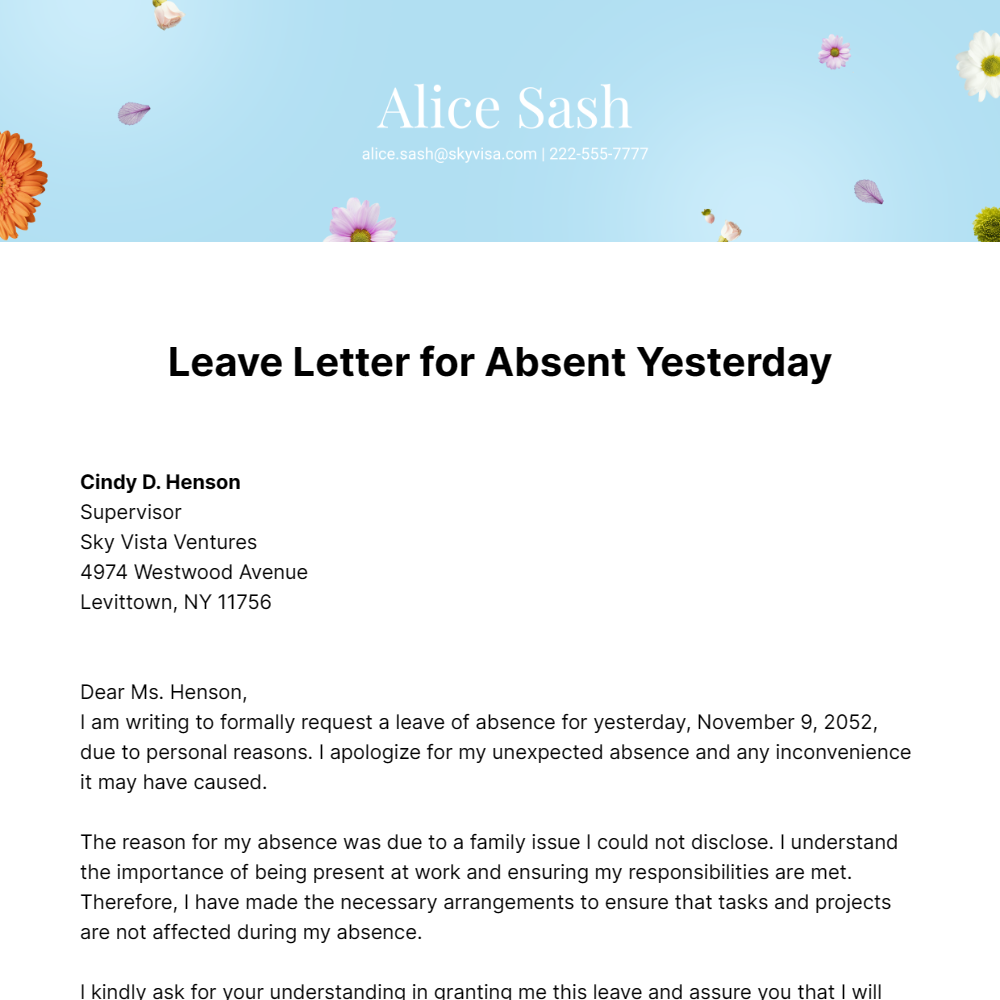 Leave Letter for Absent Yesterday Template