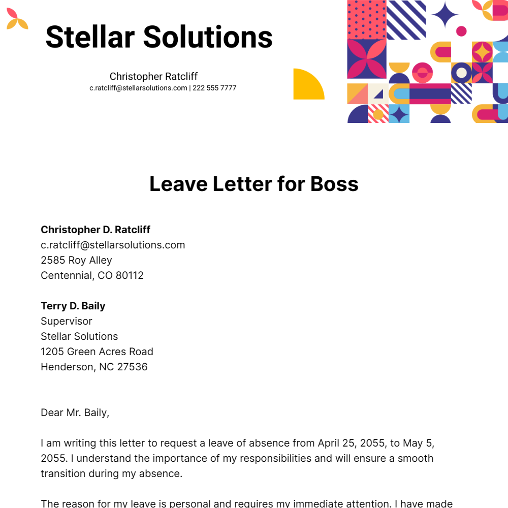 Leave Letter for Boss Template