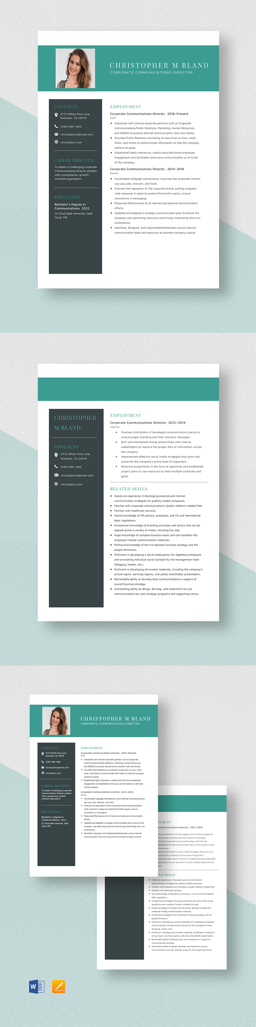 Corporate Resume Template - Illustrator, InDesign, Word, Apple Pages ...