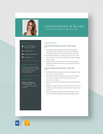 Corporate Communications Director Resume Template - Word, Apple Pages