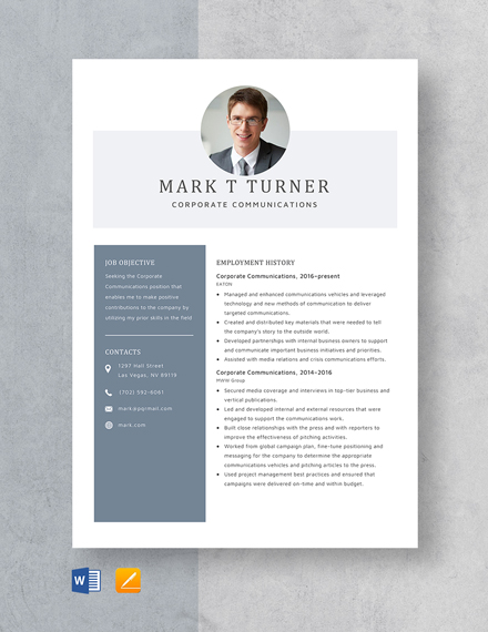 Corporate Communications Resume Template - Word, Apple Pages
