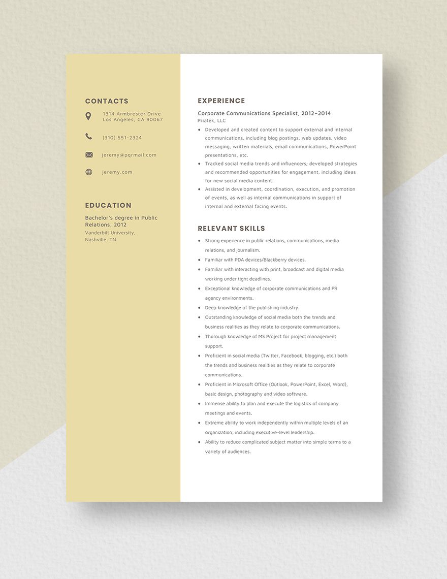 Corporate Communications Specialist Resume