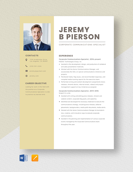 Corporate Communications Specialist Resume Template - Word, Apple Pages