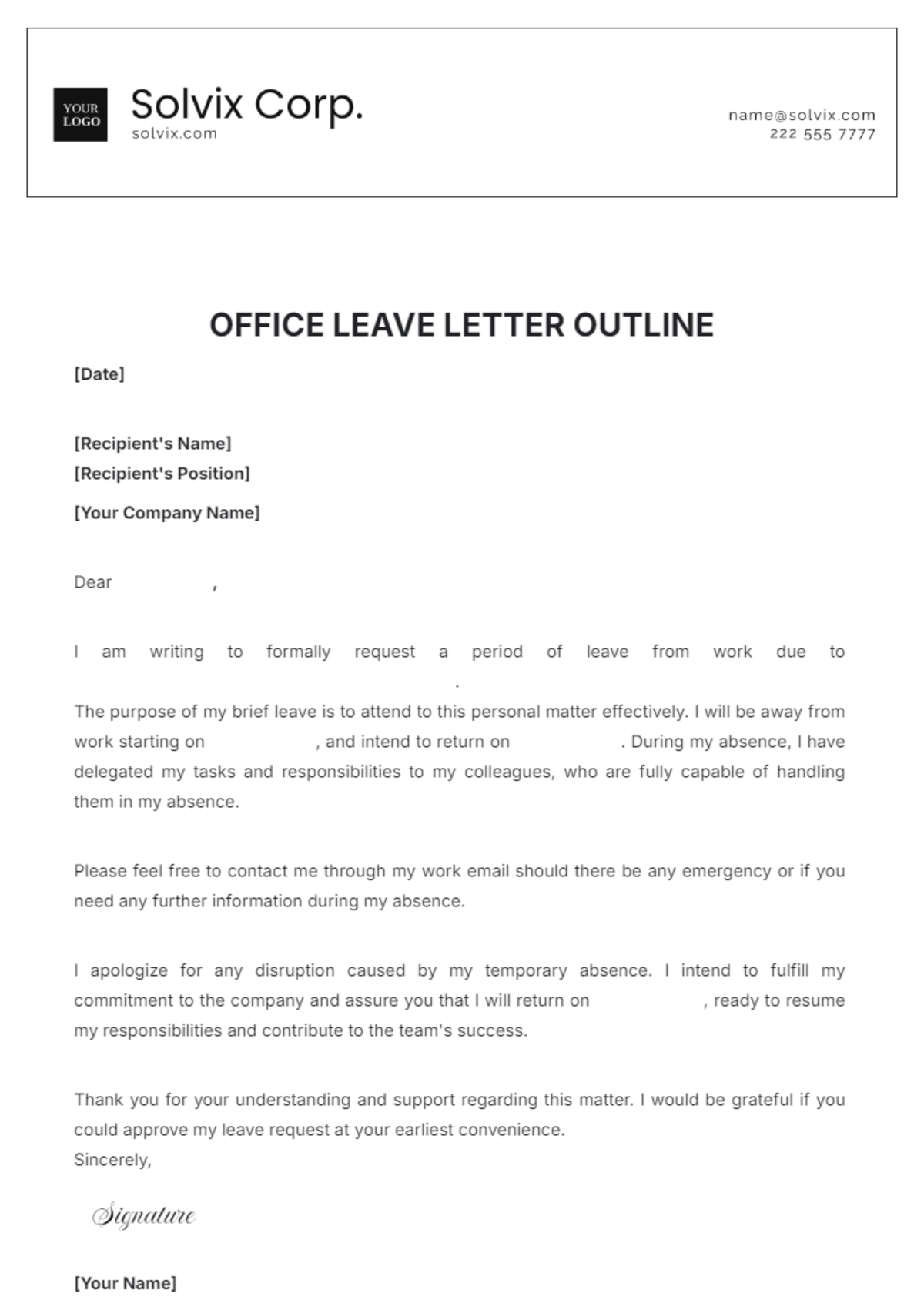 Leave Letter for Office Outline Template