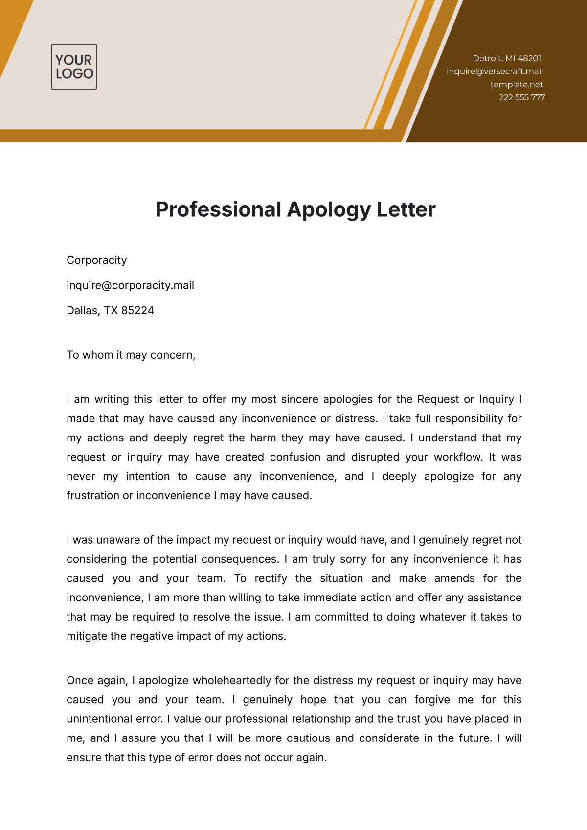 Professional Apology Letter Template - Edit Online & Download