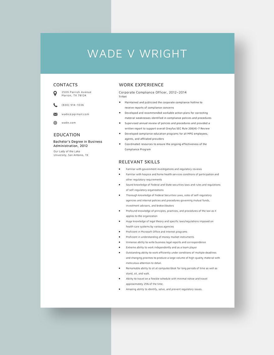 Corporate Compliance Officer Resume