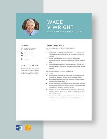 Corporate Compliance Officer Resume Template - Word, Apple Pages