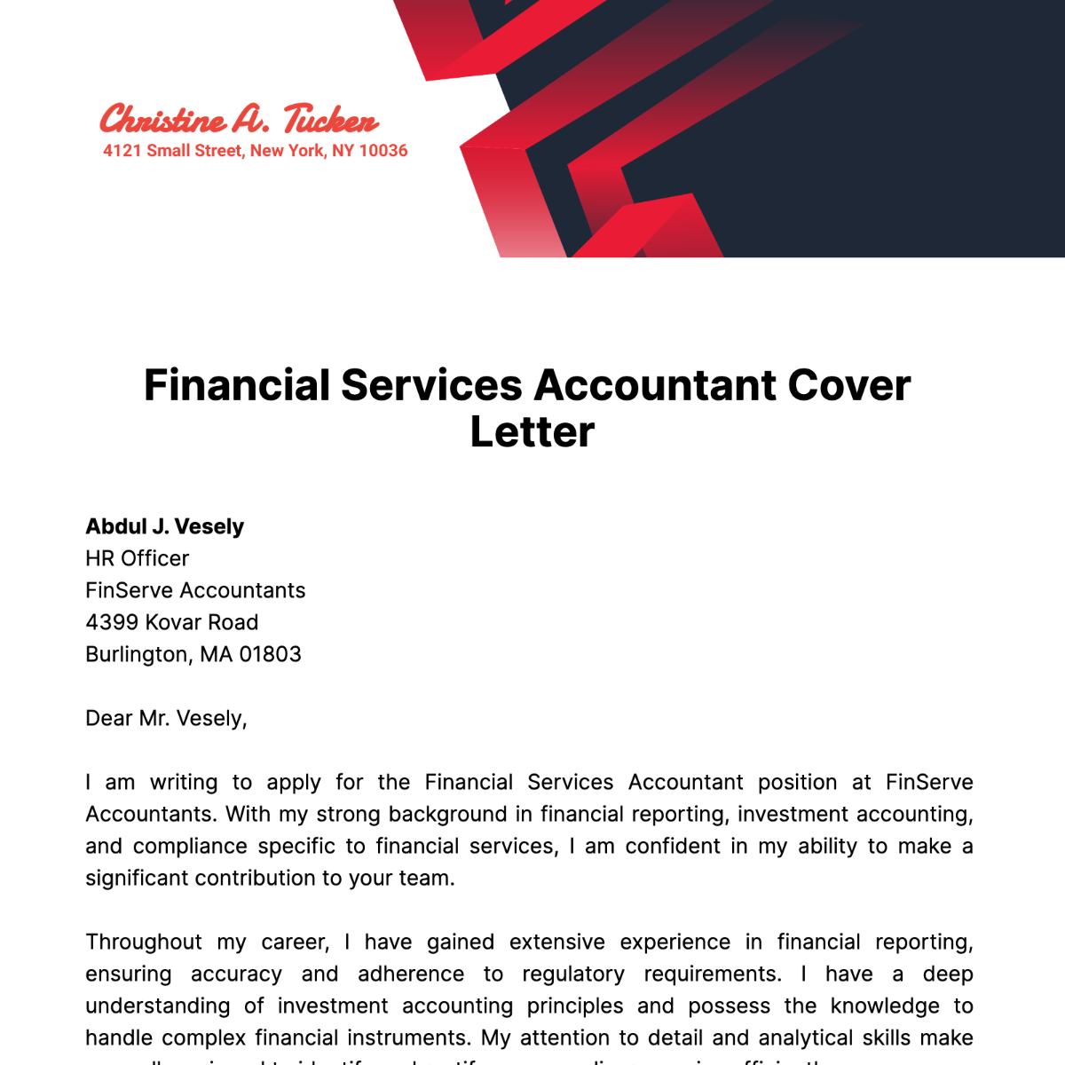 Financial Services Accountant Cover Letter Template