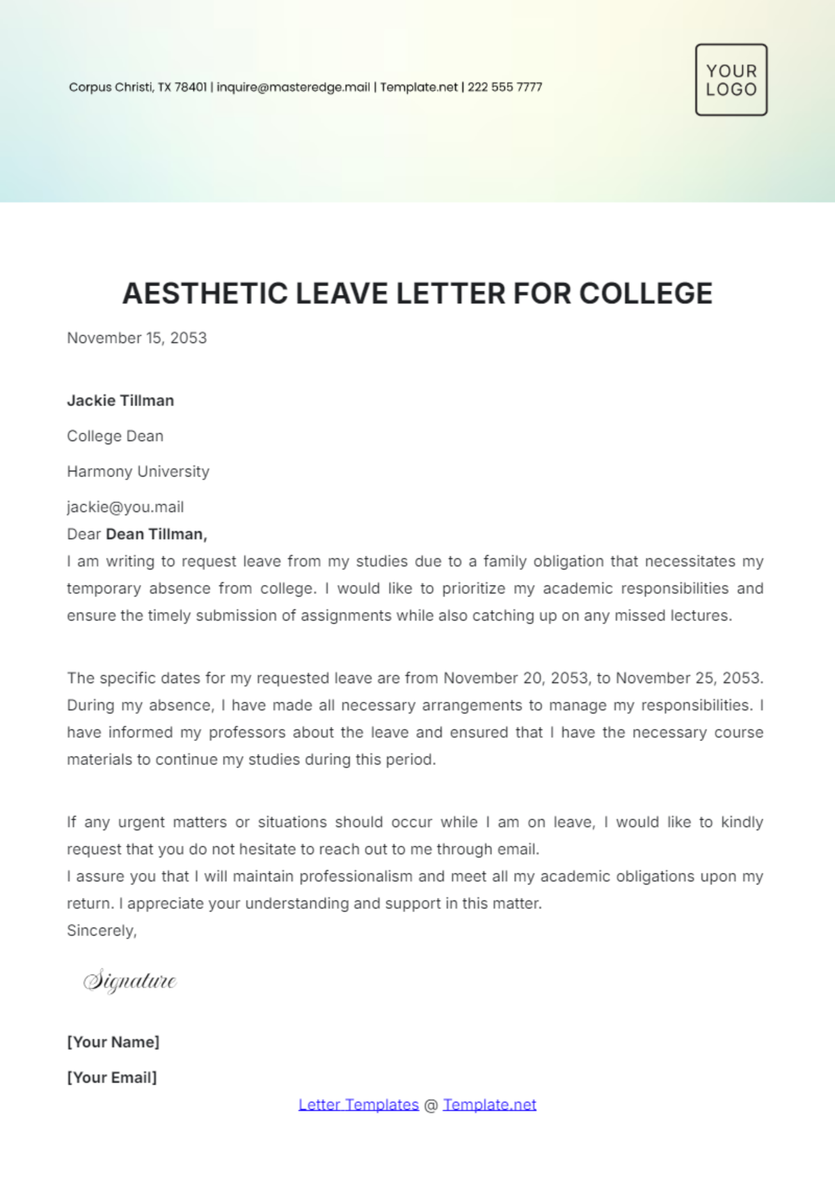 Aesthetic Leave Letter for College Template