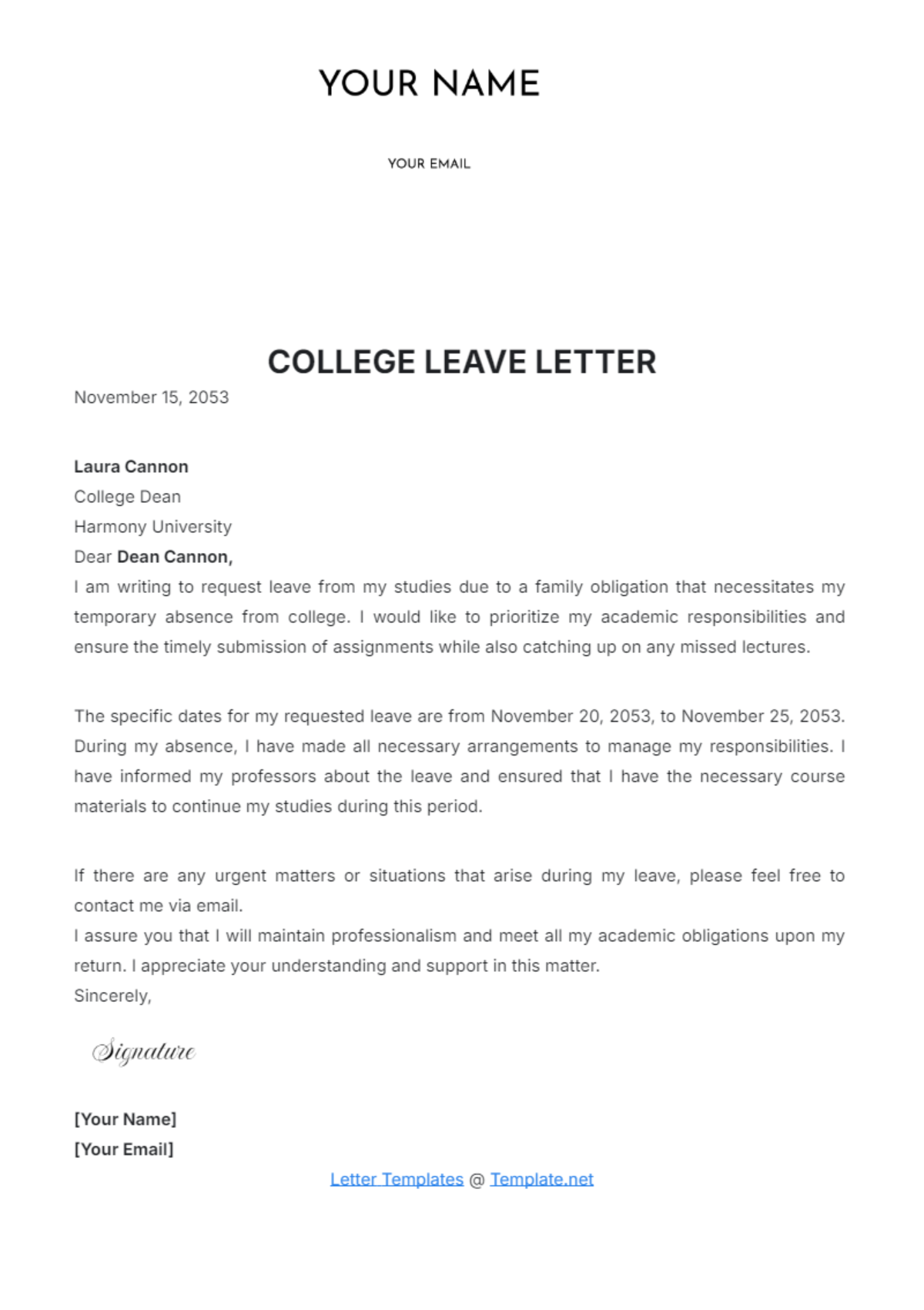 College Leave Letter Template - Edit Online & Download Example 