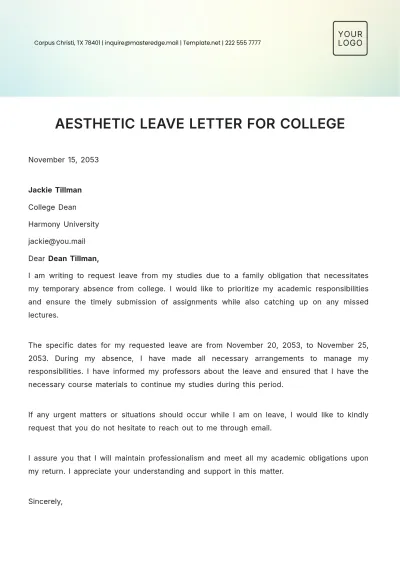 Free Aesthetic Leave Letter for College Template to Edit Online