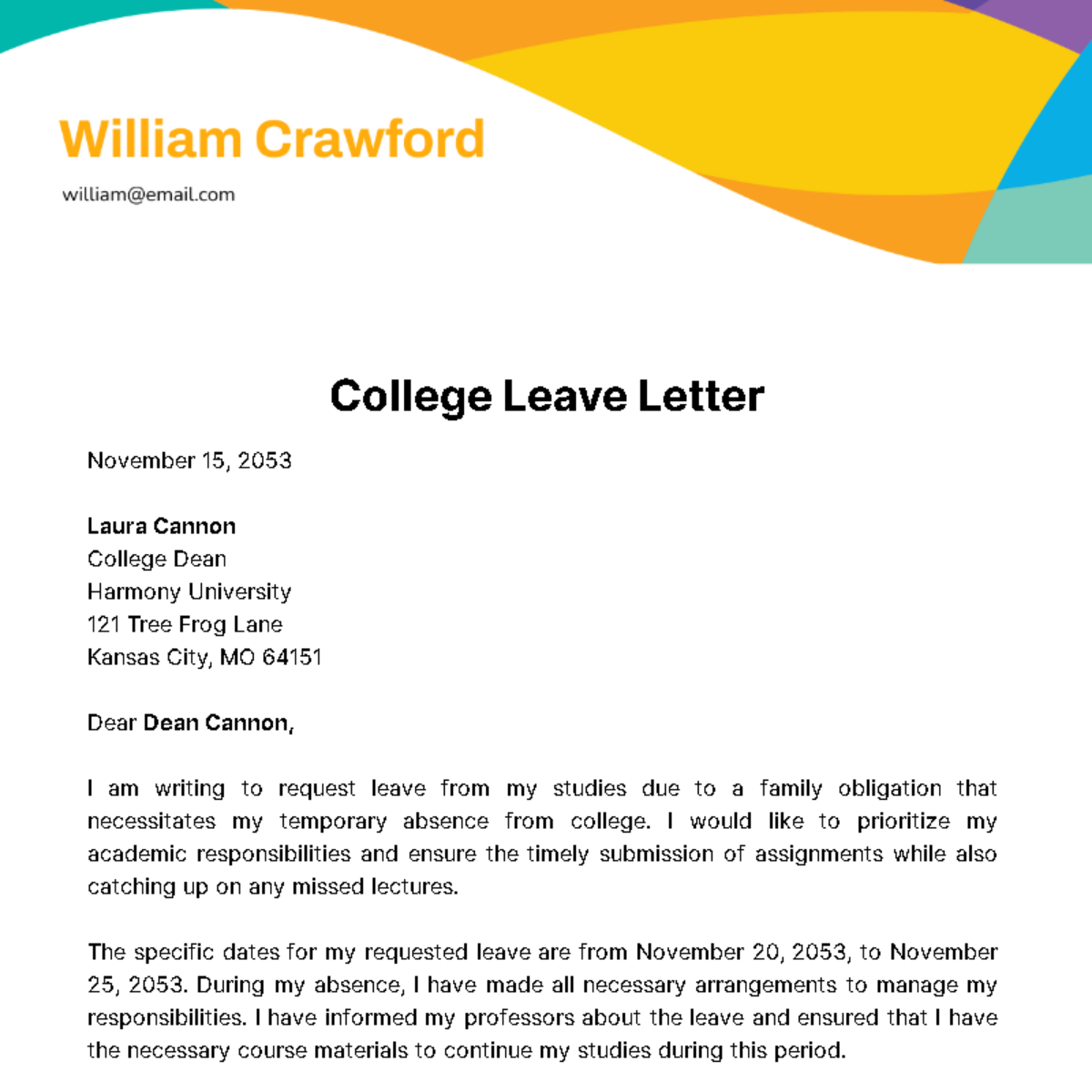 College Leave Letter Template