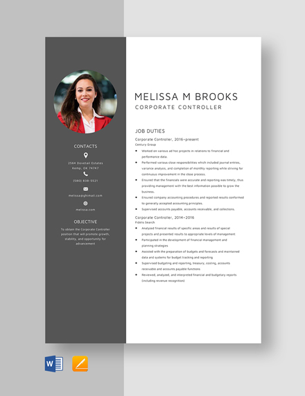Corporate Controller Resume Template - Word, Apple Pages