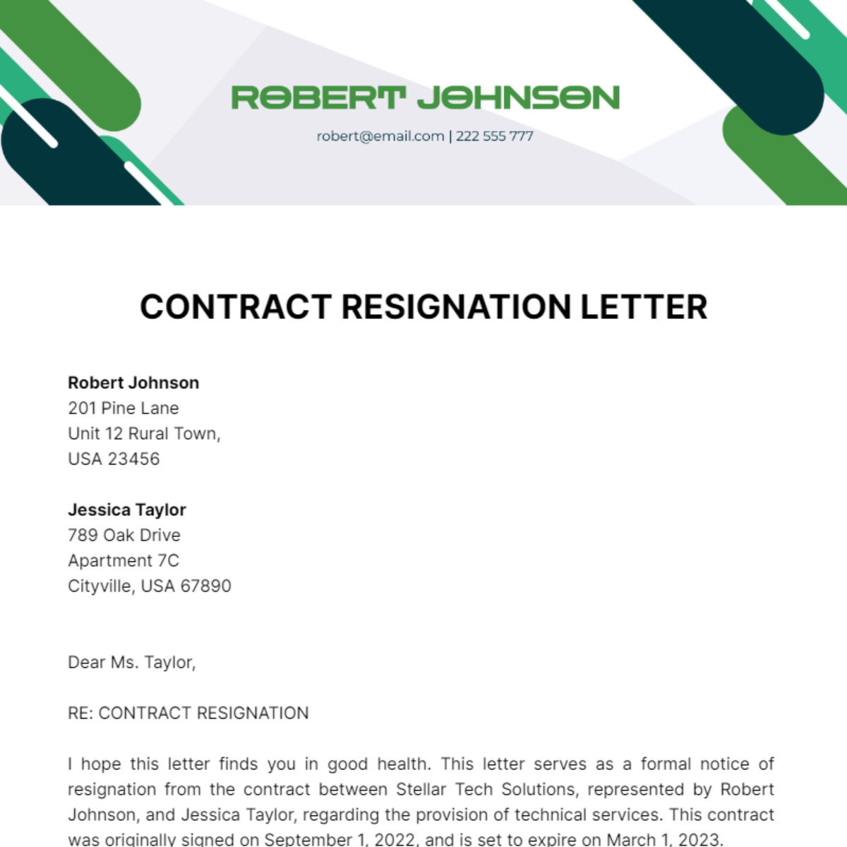 Contract Resignation Letter Template