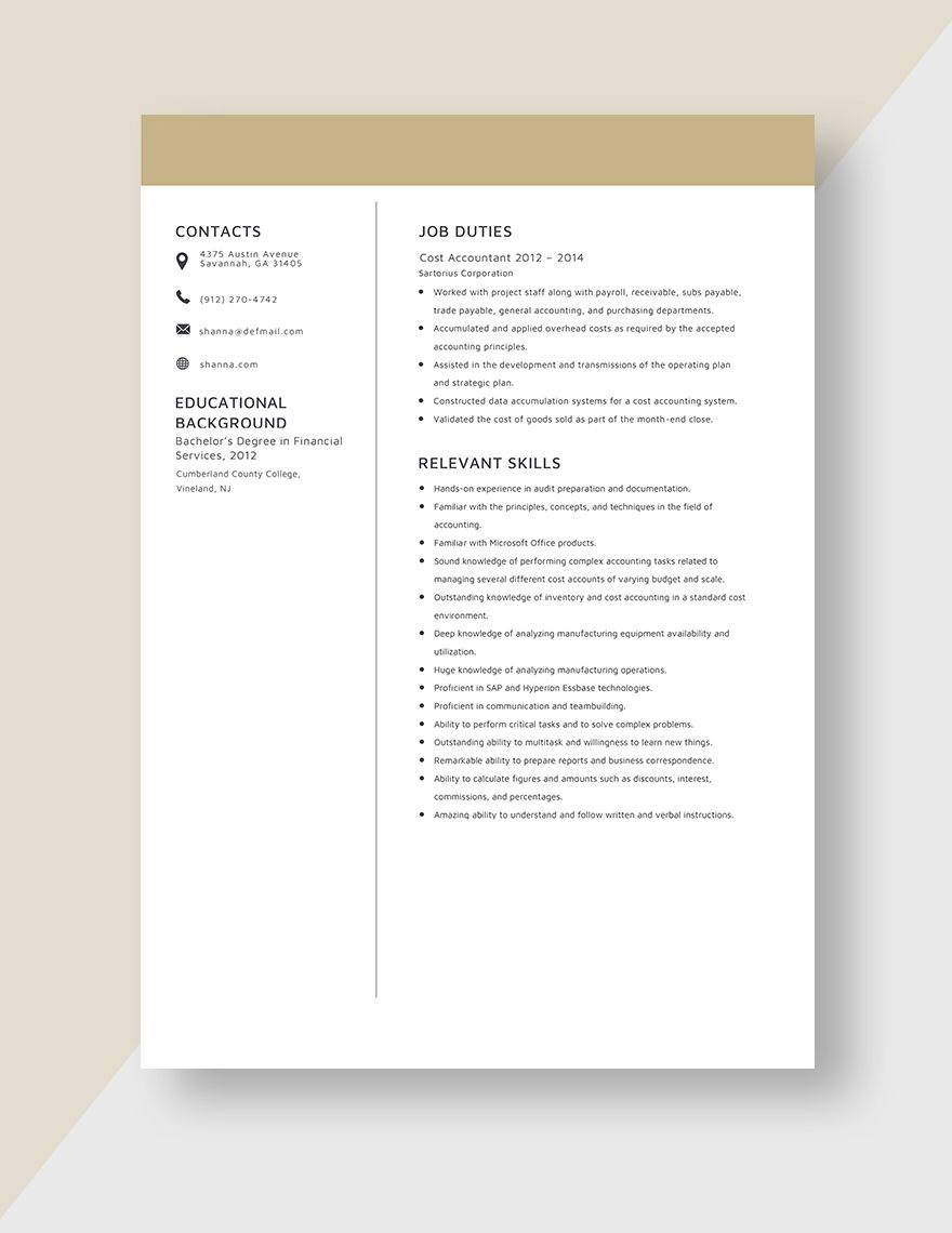 Cost Accountant Resume