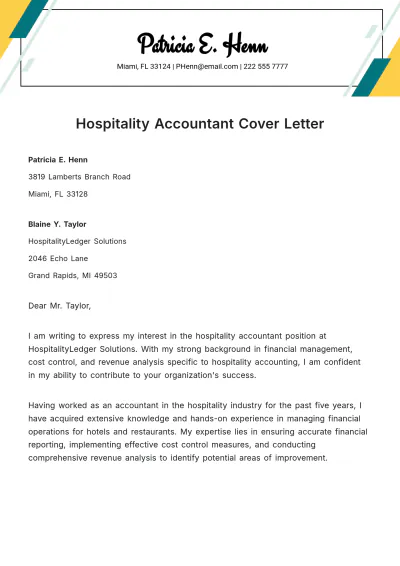 Free Hospitality Accountant Cover Letter Template to Edit Online